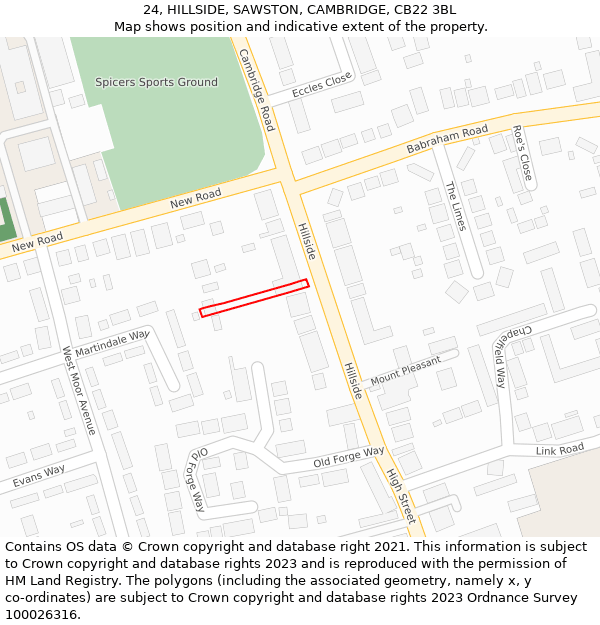 24, HILLSIDE, SAWSTON, CAMBRIDGE, CB22 3BL: Location map and indicative extent of plot