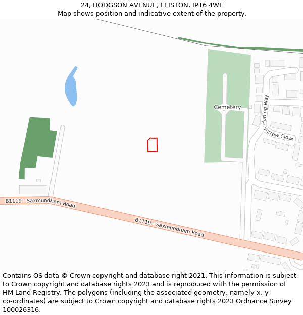 24, HODGSON AVENUE, LEISTON, IP16 4WF: Location map and indicative extent of plot