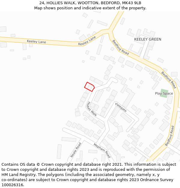 24, HOLLIES WALK, WOOTTON, BEDFORD, MK43 9LB: Location map and indicative extent of plot