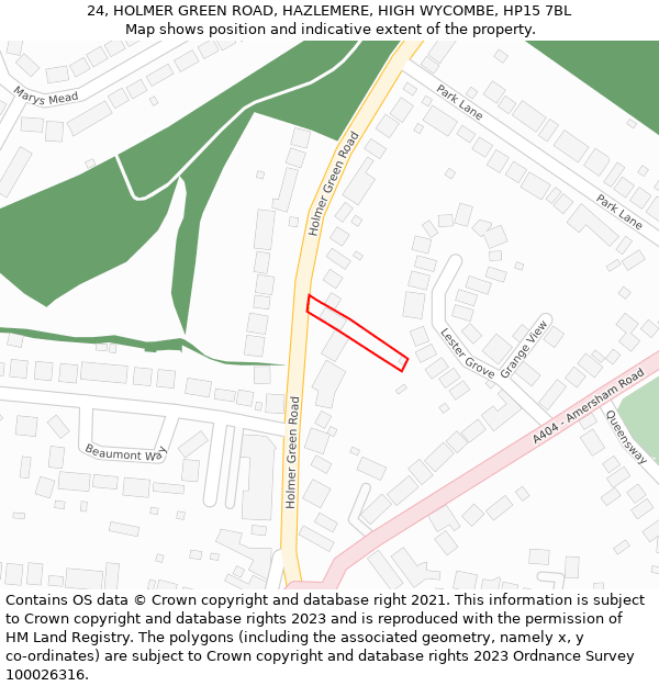 24, HOLMER GREEN ROAD, HAZLEMERE, HIGH WYCOMBE, HP15 7BL: Location map and indicative extent of plot