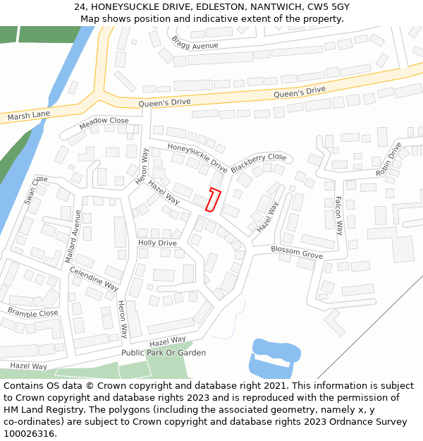 24, HONEYSUCKLE DRIVE, EDLESTON, NANTWICH, CW5 5GY: Location map and indicative extent of plot