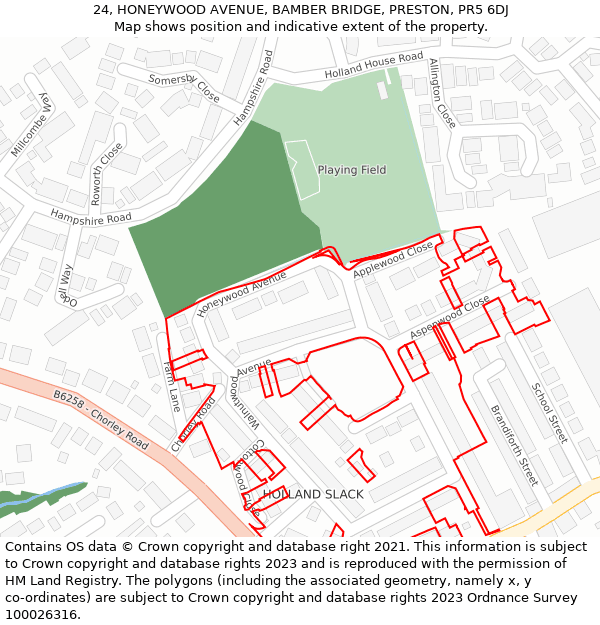 24, HONEYWOOD AVENUE, BAMBER BRIDGE, PRESTON, PR5 6DJ: Location map and indicative extent of plot