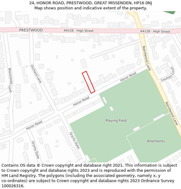 24, HONOR ROAD, PRESTWOOD, GREAT MISSENDEN, HP16 0NJ: Location map and indicative extent of plot