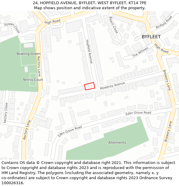 24, HOPFIELD AVENUE, BYFLEET, WEST BYFLEET, KT14 7PE: Location map and indicative extent of plot