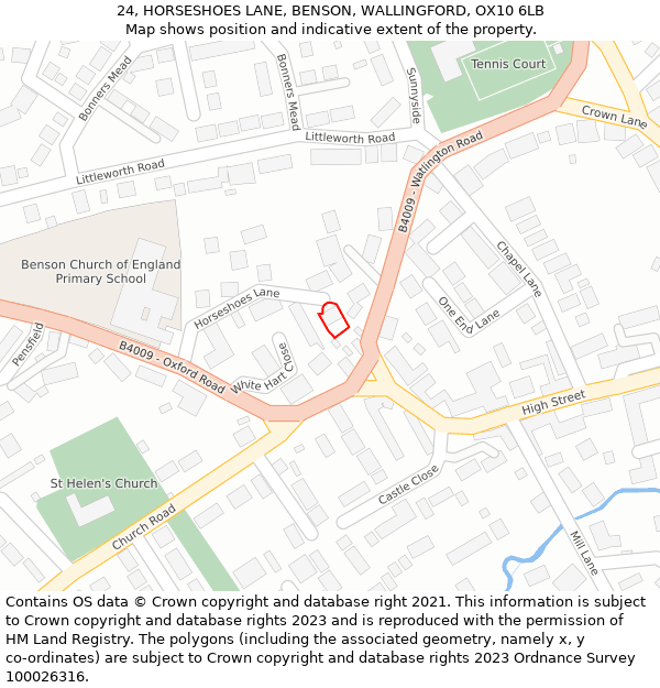 24, HORSESHOES LANE, BENSON, WALLINGFORD, OX10 6LB: Location map and indicative extent of plot