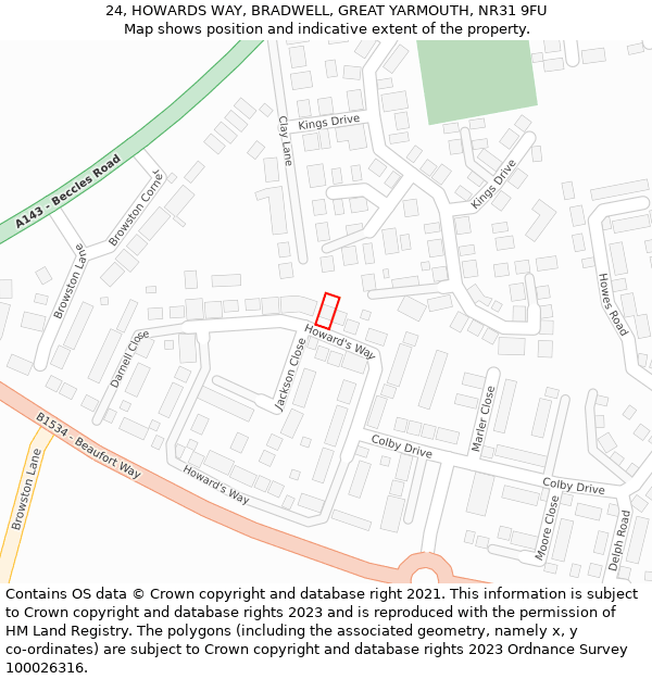 24, HOWARDS WAY, BRADWELL, GREAT YARMOUTH, NR31 9FU: Location map and indicative extent of plot