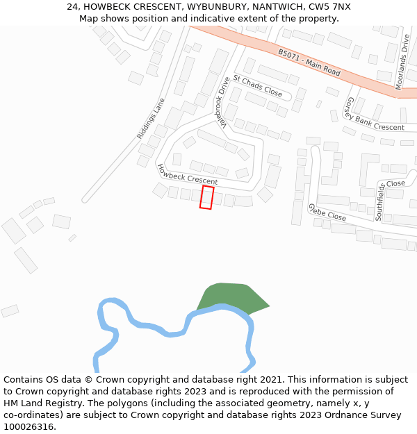 24, HOWBECK CRESCENT, WYBUNBURY, NANTWICH, CW5 7NX: Location map and indicative extent of plot