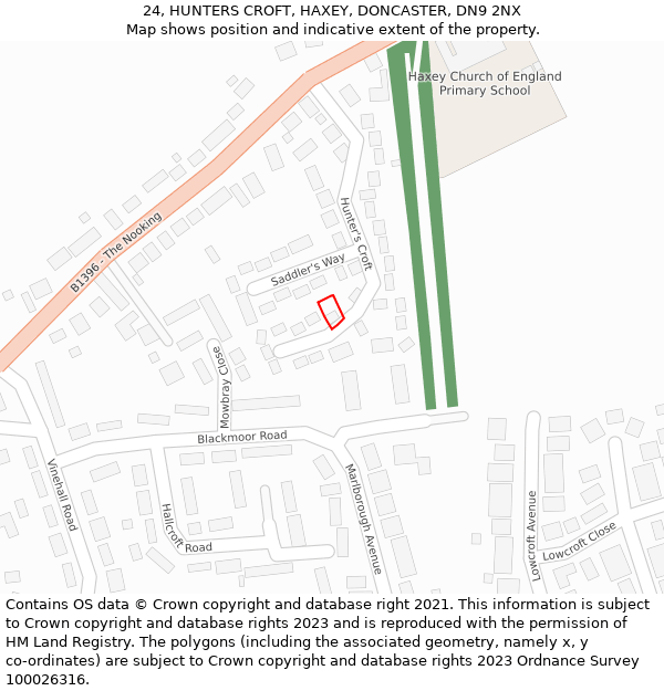 24, HUNTERS CROFT, HAXEY, DONCASTER, DN9 2NX: Location map and indicative extent of plot