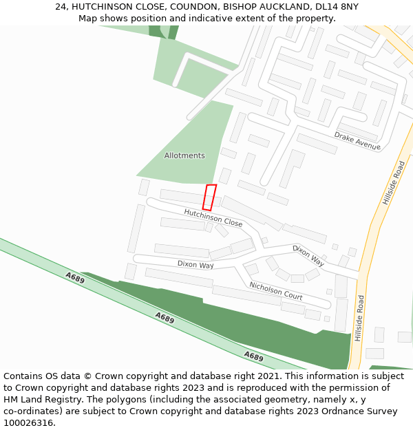 24, HUTCHINSON CLOSE, COUNDON, BISHOP AUCKLAND, DL14 8NY: Location map and indicative extent of plot