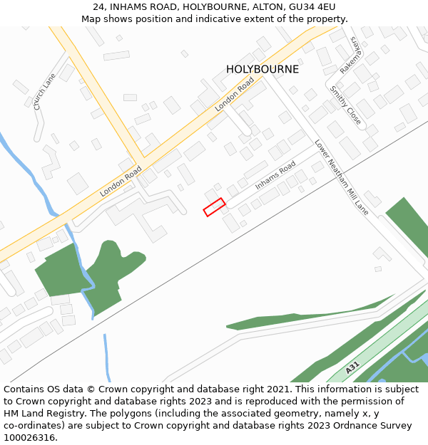 24, INHAMS ROAD, HOLYBOURNE, ALTON, GU34 4EU: Location map and indicative extent of plot