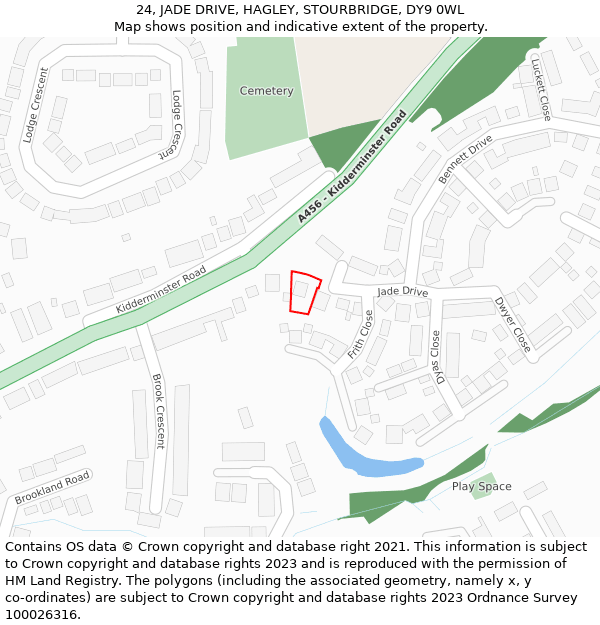 24, JADE DRIVE, HAGLEY, STOURBRIDGE, DY9 0WL: Location map and indicative extent of plot