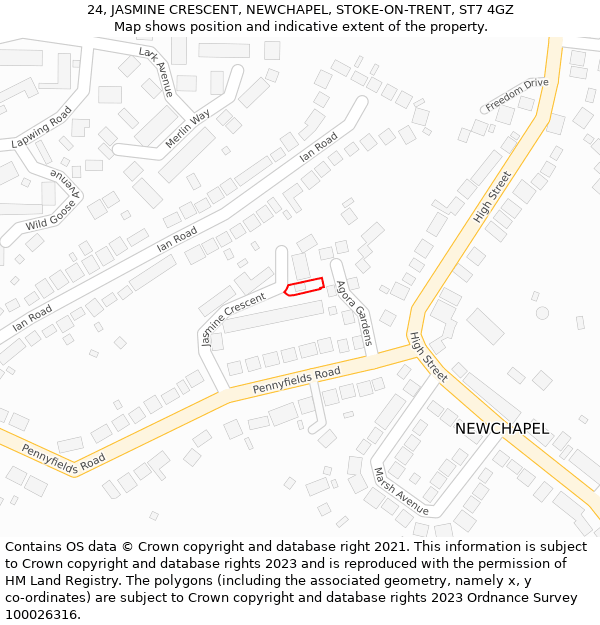 24, JASMINE CRESCENT, NEWCHAPEL, STOKE-ON-TRENT, ST7 4GZ: Location map and indicative extent of plot