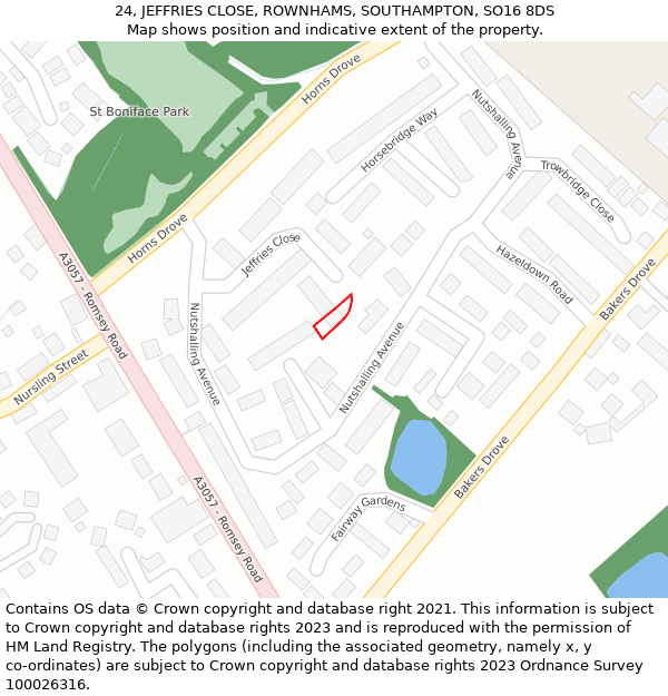 24, JEFFRIES CLOSE, ROWNHAMS, SOUTHAMPTON, SO16 8DS: Location map and indicative extent of plot