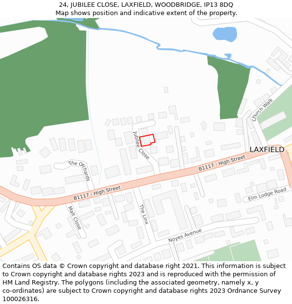 24, JUBILEE CLOSE, LAXFIELD, WOODBRIDGE, IP13 8DQ: Location map and indicative extent of plot