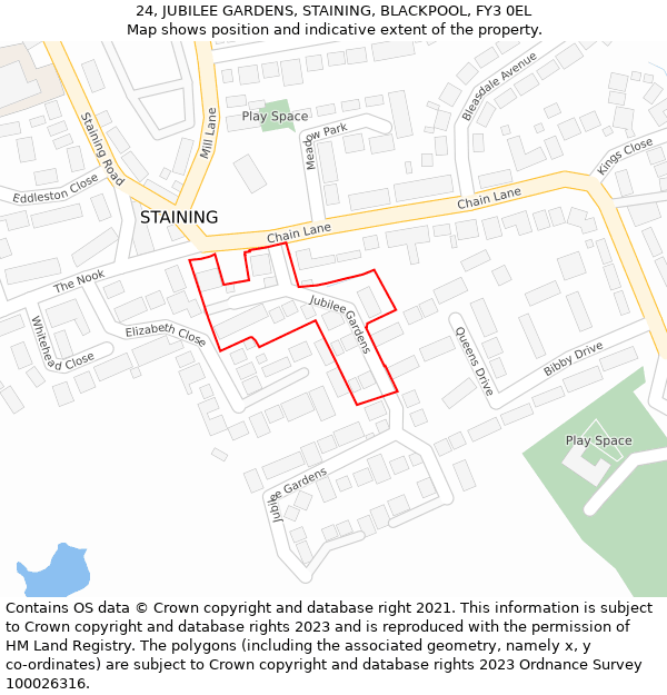 24, JUBILEE GARDENS, STAINING, BLACKPOOL, FY3 0EL: Location map and indicative extent of plot