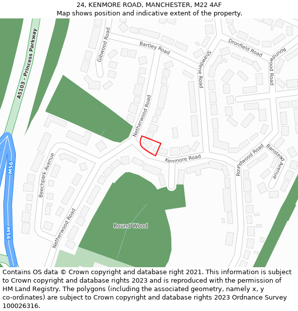 24, KENMORE ROAD, MANCHESTER, M22 4AF: Location map and indicative extent of plot