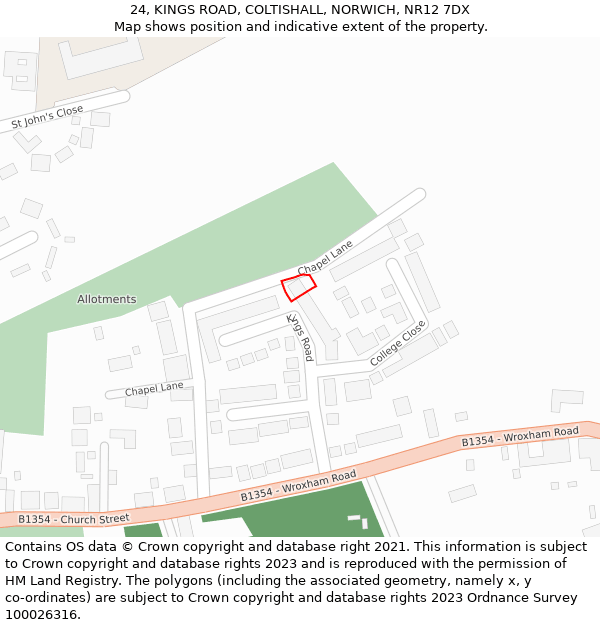 24, KINGS ROAD, COLTISHALL, NORWICH, NR12 7DX: Location map and indicative extent of plot