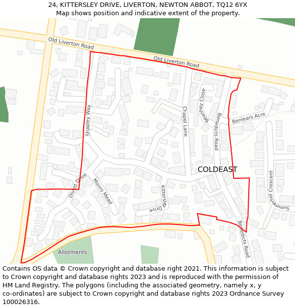 24, KITTERSLEY DRIVE, LIVERTON, NEWTON ABBOT, TQ12 6YX: Location map and indicative extent of plot