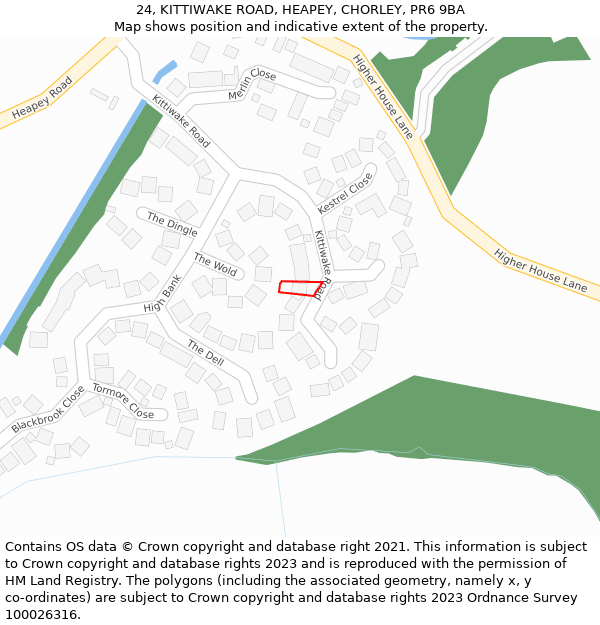 24, KITTIWAKE ROAD, HEAPEY, CHORLEY, PR6 9BA: Location map and indicative extent of plot