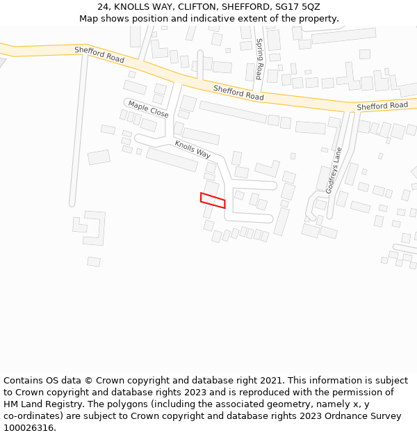 24, KNOLLS WAY, CLIFTON, SHEFFORD, SG17 5QZ: Location map and indicative extent of plot