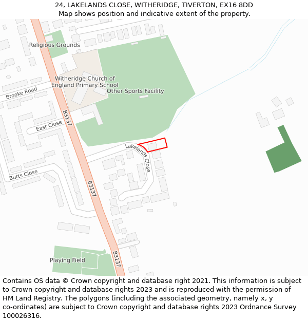 24, LAKELANDS CLOSE, WITHERIDGE, TIVERTON, EX16 8DD: Location map and indicative extent of plot