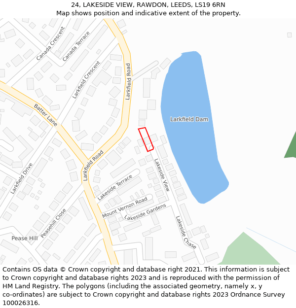 24, LAKESIDE VIEW, RAWDON, LEEDS, LS19 6RN: Location map and indicative extent of plot