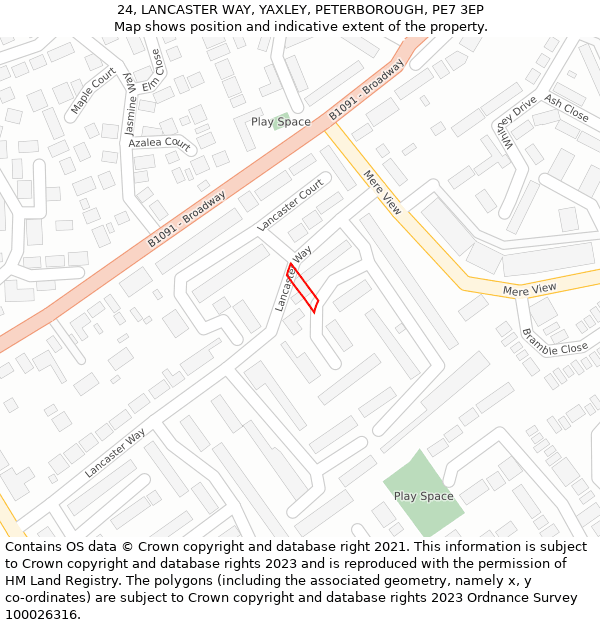 24, LANCASTER WAY, YAXLEY, PETERBOROUGH, PE7 3EP: Location map and indicative extent of plot