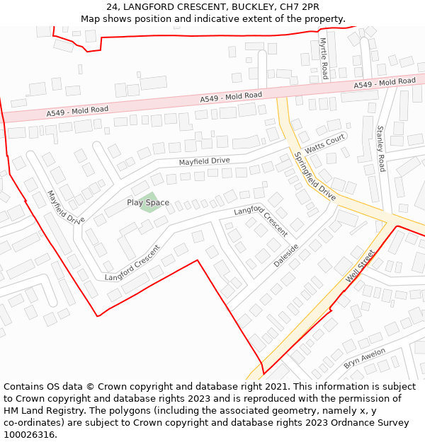 24, LANGFORD CRESCENT, BUCKLEY, CH7 2PR: Location map and indicative extent of plot