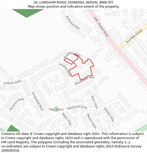 24, LANGHAM ROAD, STANDISH, WIGAN, WN6 0TF: Location map and indicative extent of plot