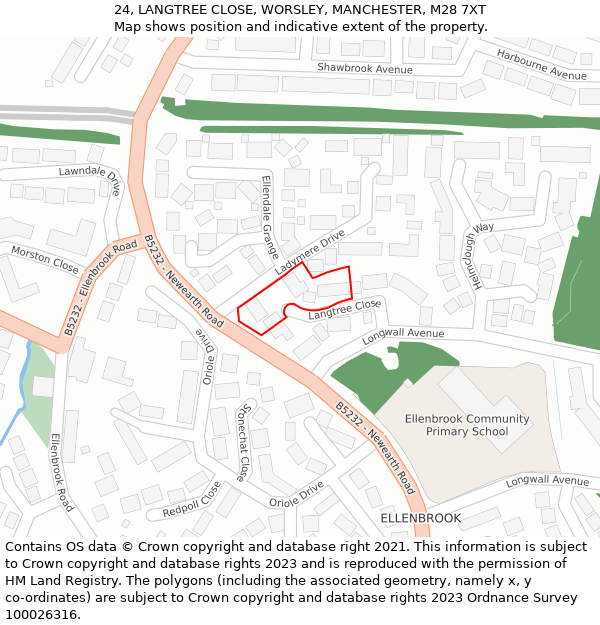 24, LANGTREE CLOSE, WORSLEY, MANCHESTER, M28 7XT: Location map and indicative extent of plot