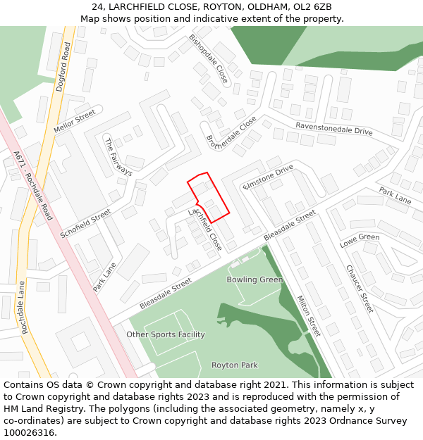 24, LARCHFIELD CLOSE, ROYTON, OLDHAM, OL2 6ZB: Location map and indicative extent of plot