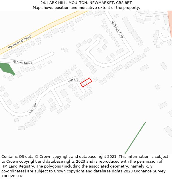 24, LARK HILL, MOULTON, NEWMARKET, CB8 8RT: Location map and indicative extent of plot