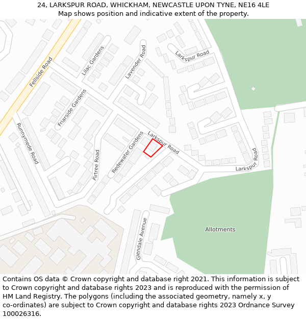 24, LARKSPUR ROAD, WHICKHAM, NEWCASTLE UPON TYNE, NE16 4LE: Location map and indicative extent of plot