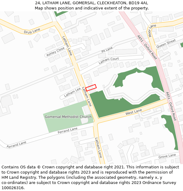 24, LATHAM LANE, GOMERSAL, CLECKHEATON, BD19 4AL: Location map and indicative extent of plot