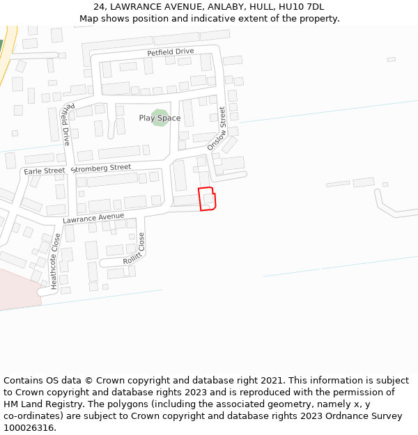 24, LAWRANCE AVENUE, ANLABY, HULL, HU10 7DL: Location map and indicative extent of plot