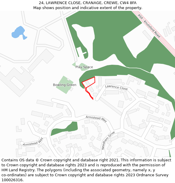 24, LAWRENCE CLOSE, CRANAGE, CREWE, CW4 8FA: Location map and indicative extent of plot