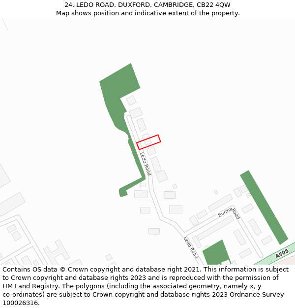 24, LEDO ROAD, DUXFORD, CAMBRIDGE, CB22 4QW: Location map and indicative extent of plot