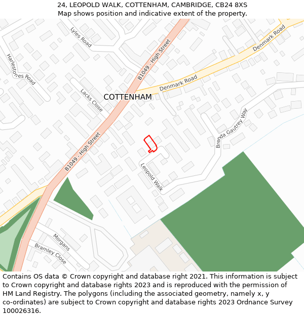 24, LEOPOLD WALK, COTTENHAM, CAMBRIDGE, CB24 8XS: Location map and indicative extent of plot