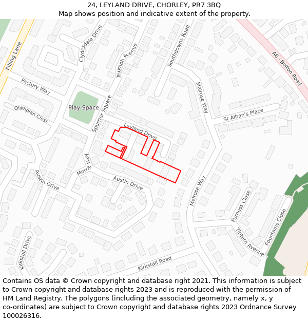 24, LEYLAND DRIVE, CHORLEY, PR7 3BQ: Location map and indicative extent of plot