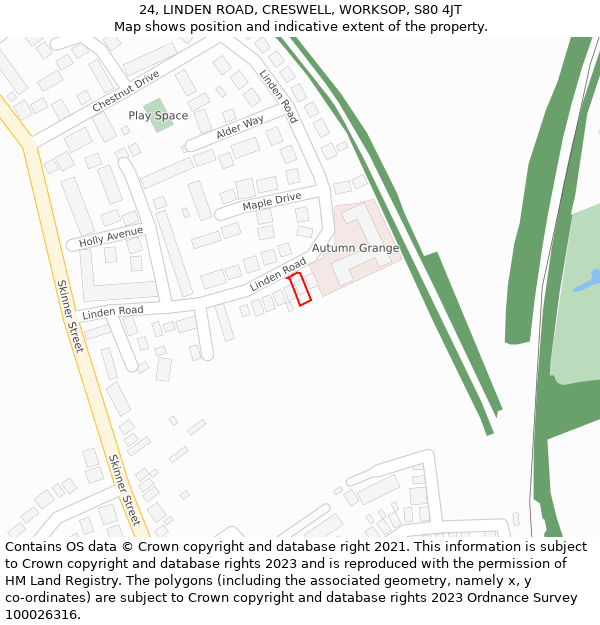 24, LINDEN ROAD, CRESWELL, WORKSOP, S80 4JT: Location map and indicative extent of plot