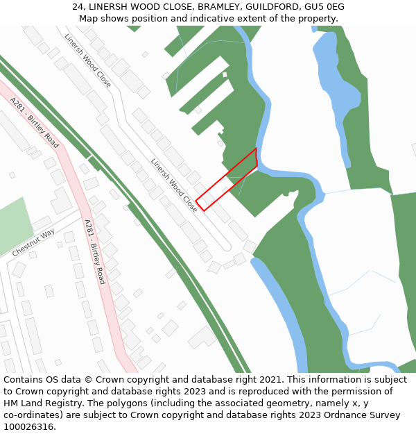 24, LINERSH WOOD CLOSE, BRAMLEY, GUILDFORD, GU5 0EG: Location map and indicative extent of plot