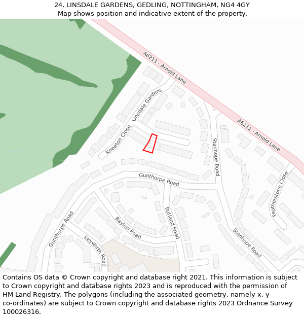 24, LINSDALE GARDENS, GEDLING, NOTTINGHAM, NG4 4GY: Location map and indicative extent of plot