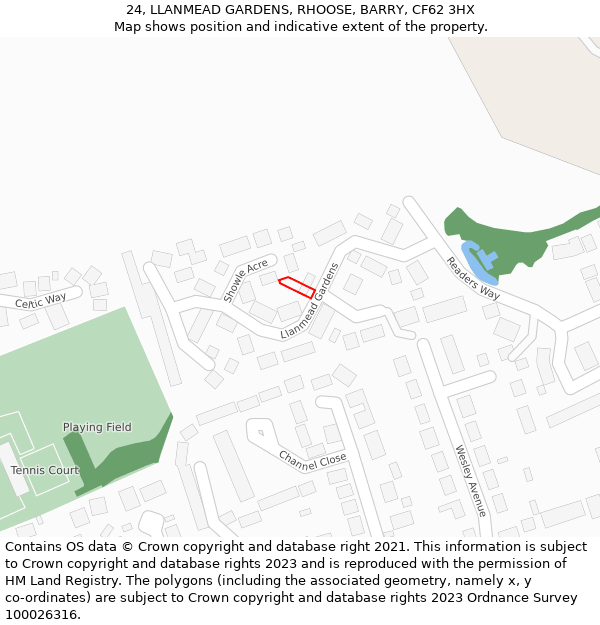 24, LLANMEAD GARDENS, RHOOSE, BARRY, CF62 3HX: Location map and indicative extent of plot