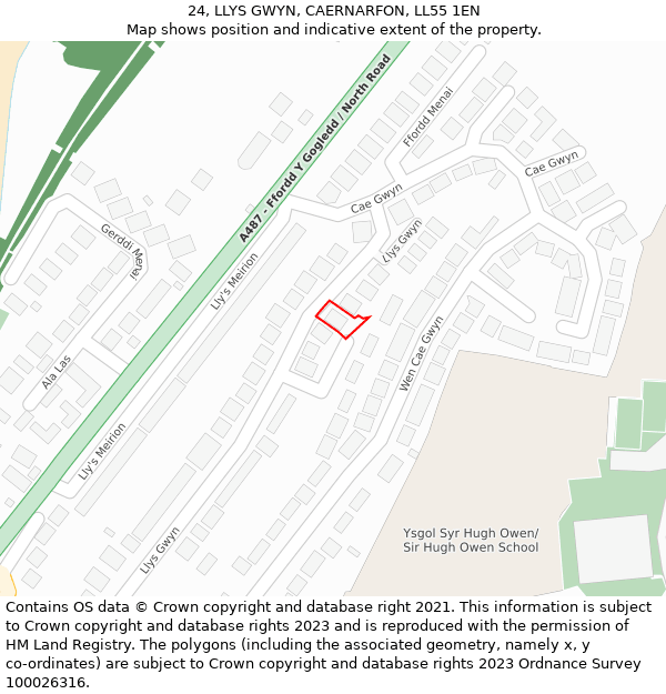 24, LLYS GWYN, CAERNARFON, LL55 1EN: Location map and indicative extent of plot