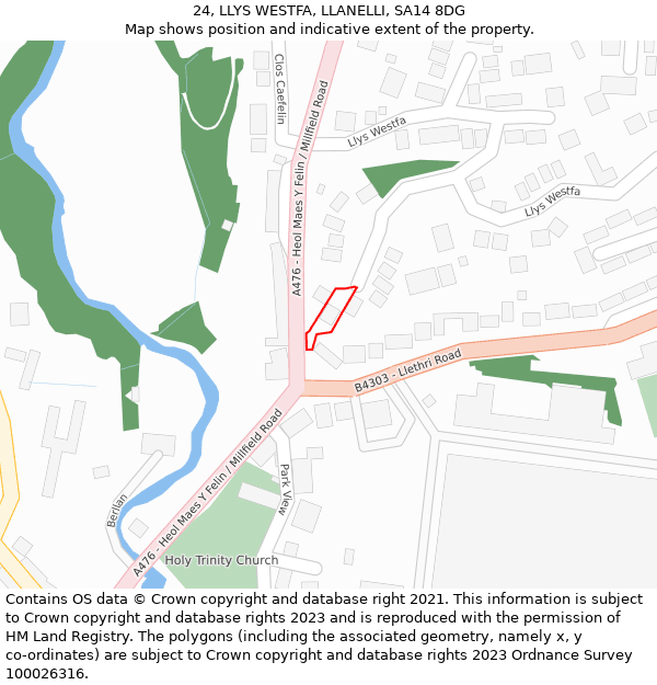 24, LLYS WESTFA, LLANELLI, SA14 8DG: Location map and indicative extent of plot