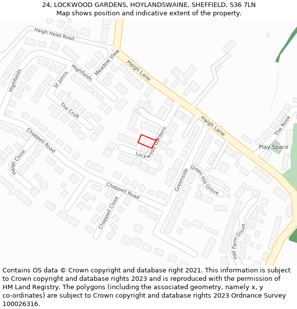 24, LOCKWOOD GARDENS, HOYLANDSWAINE, SHEFFIELD, S36 7LN: Location map and indicative extent of plot