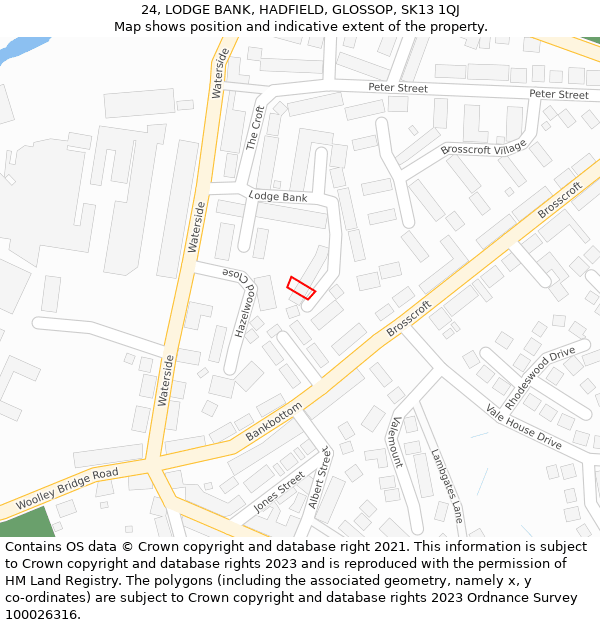 24, LODGE BANK, HADFIELD, GLOSSOP, SK13 1QJ: Location map and indicative extent of plot