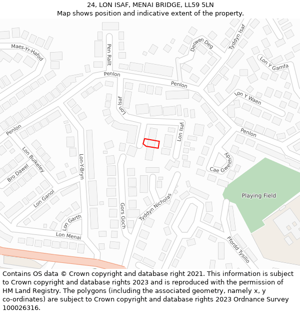 24, LON ISAF, MENAI BRIDGE, LL59 5LN: Location map and indicative extent of plot