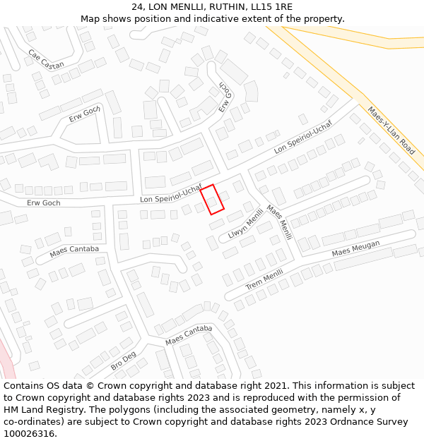 24, LON MENLLI, RUTHIN, LL15 1RE: Location map and indicative extent of plot