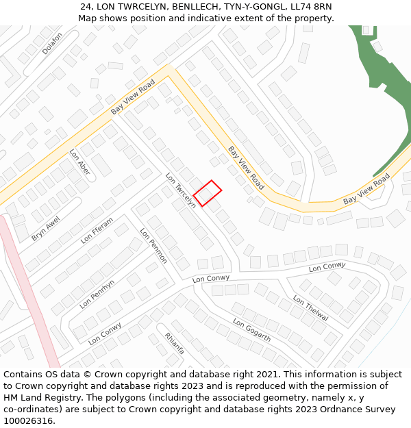 24, LON TWRCELYN, BENLLECH, TYN-Y-GONGL, LL74 8RN: Location map and indicative extent of plot